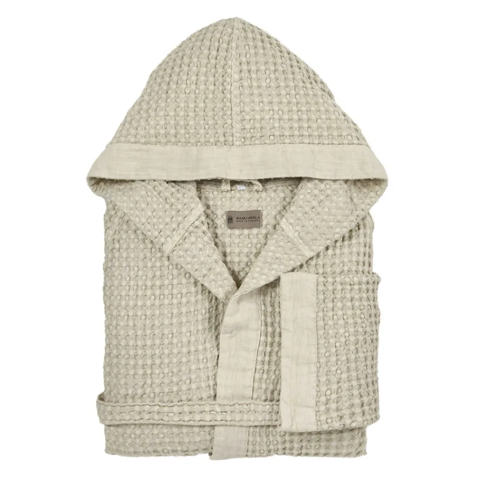 Cotton Honeycomb Hooded Gown with Linen Frill - Plush Viadurini