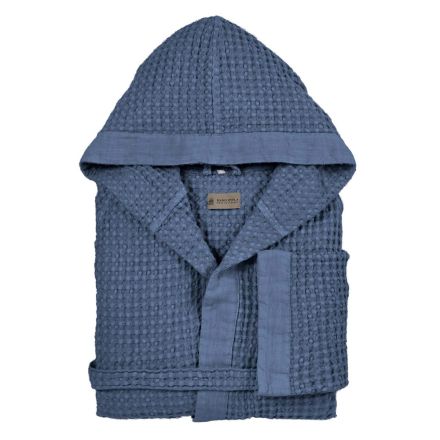 Cotton Honeycomb Hooded Gown with Linen Frill - Plush Viadurini