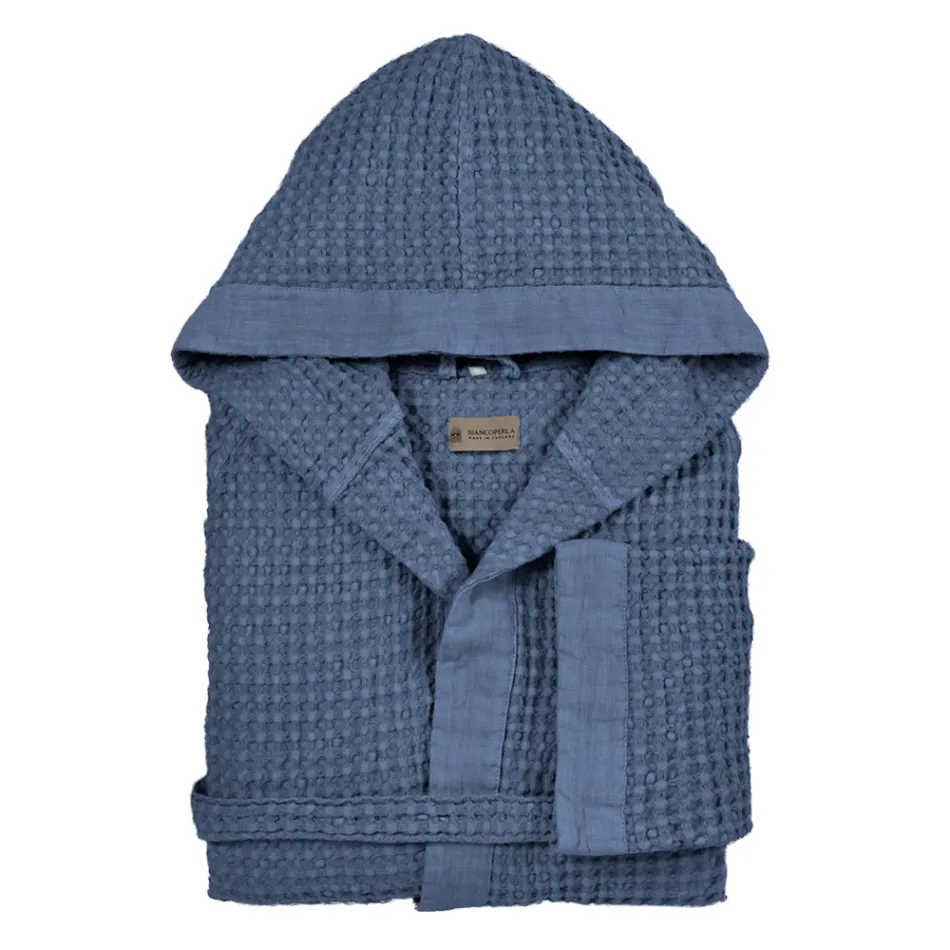 Cotton Honeycomb Hooded Gown with Linen Frill - Plush Viadurini