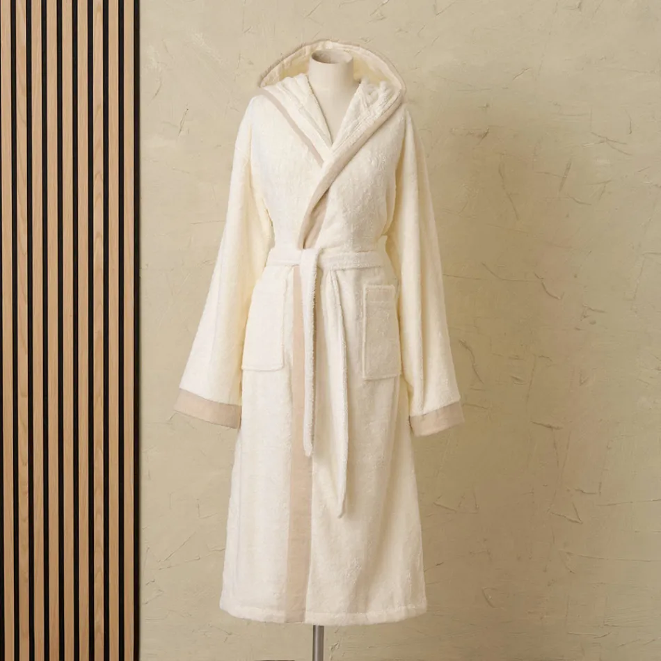 Cotton Terry Hooded Gown with Linen Frill - Mellow Viadurini