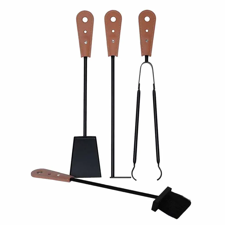 Fireplace accessories with Nilar leather holders, modern design Viadurini