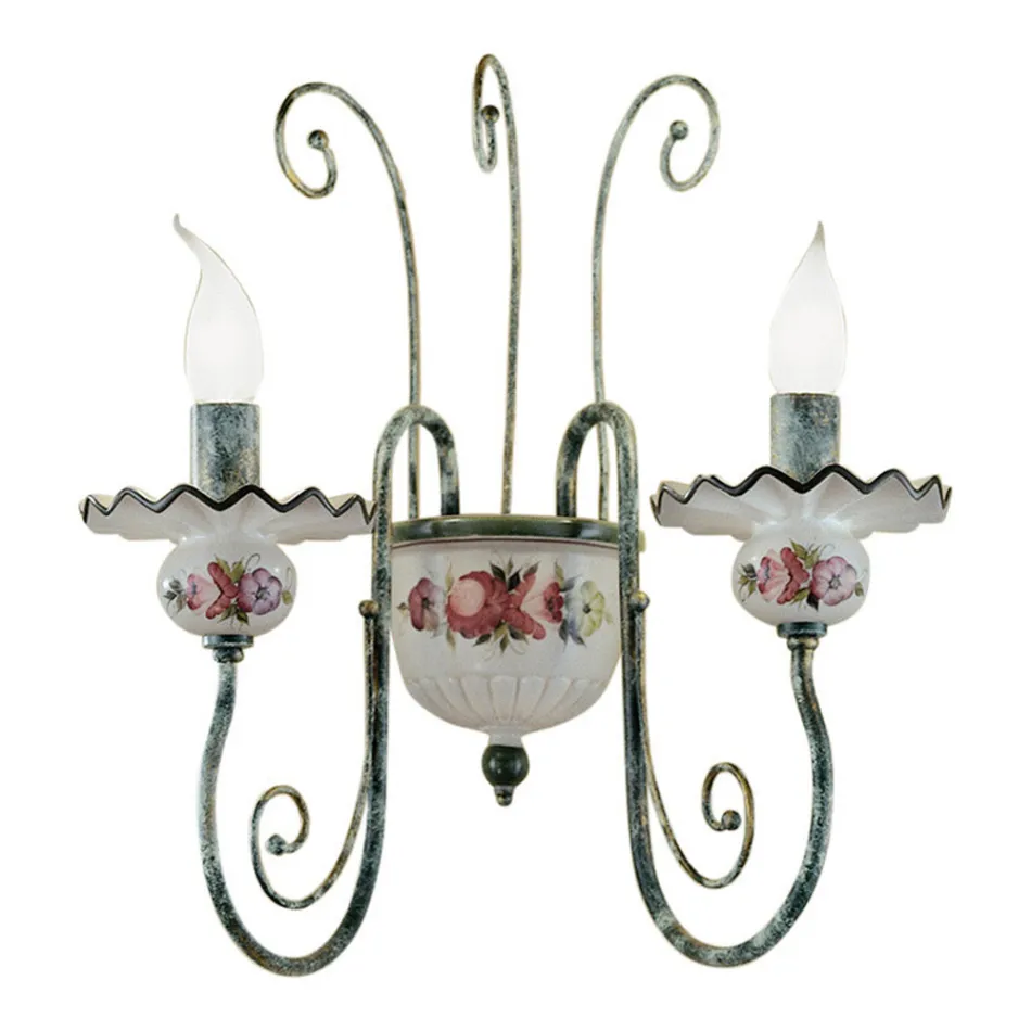 2 Lights Wall Lamp in Hand-Decorated Ceramic and Antique Brass - Sanremo Viadurini