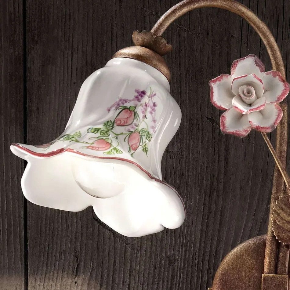 2 Lights Wall Lamp in Metal and Hand-Decorated Ceramic with Rose - Pisa Viadurini