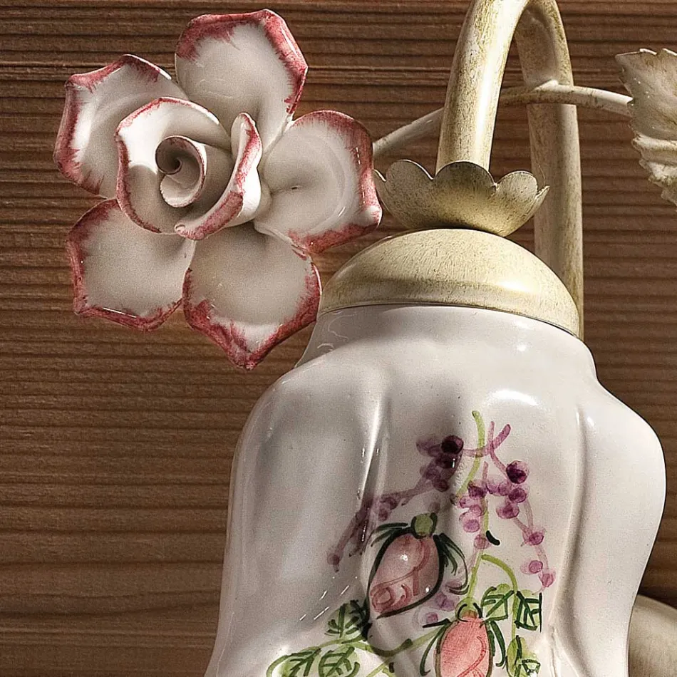 Wall Sconce in Metal and Hand-Decorated Ceramic with Rose - Pisa Viadurini