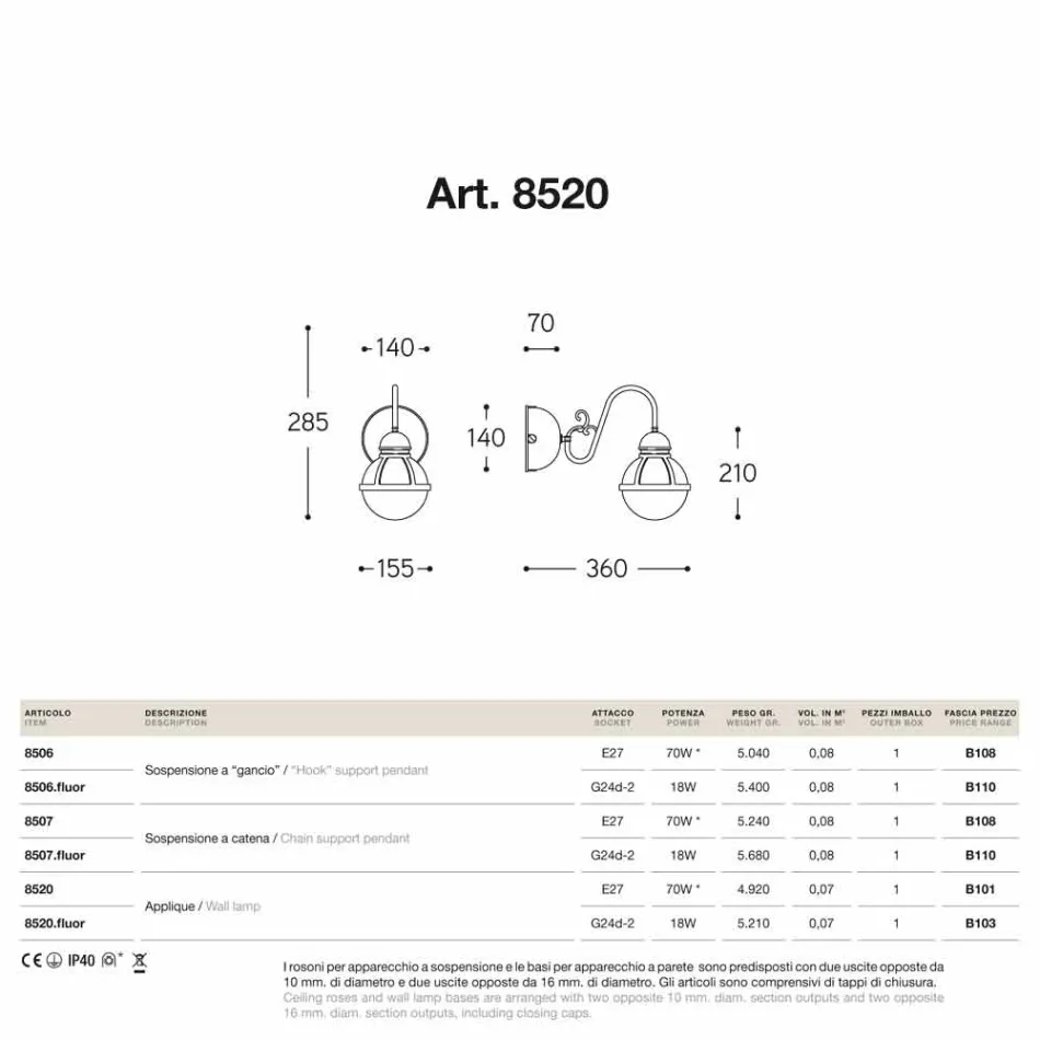 Wall Waterproofing antique brass and blown glass Viadurini
