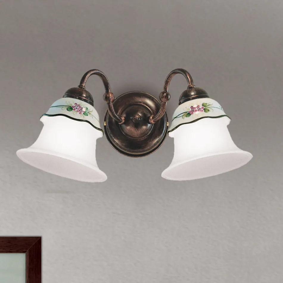 Vintage Iron, Glass and Ceramic Wall Lamp Hand Painted Decor - Ferrara Viadurini