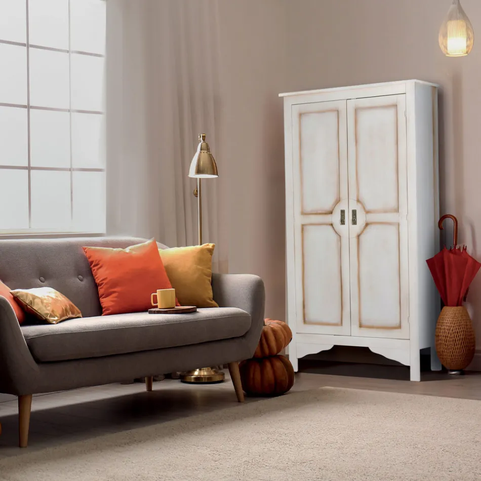 Patinated White Wooden Wardrobe with 2 Doors Made in Italy - Agni Viadurini