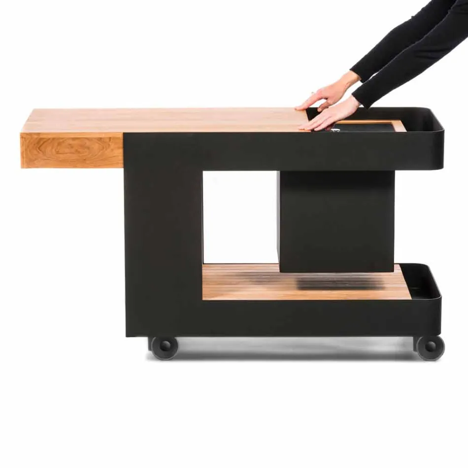 Modern Mobile Bar on Wheels Design with Wooden and Steel Table - Giancalliope Viadurini