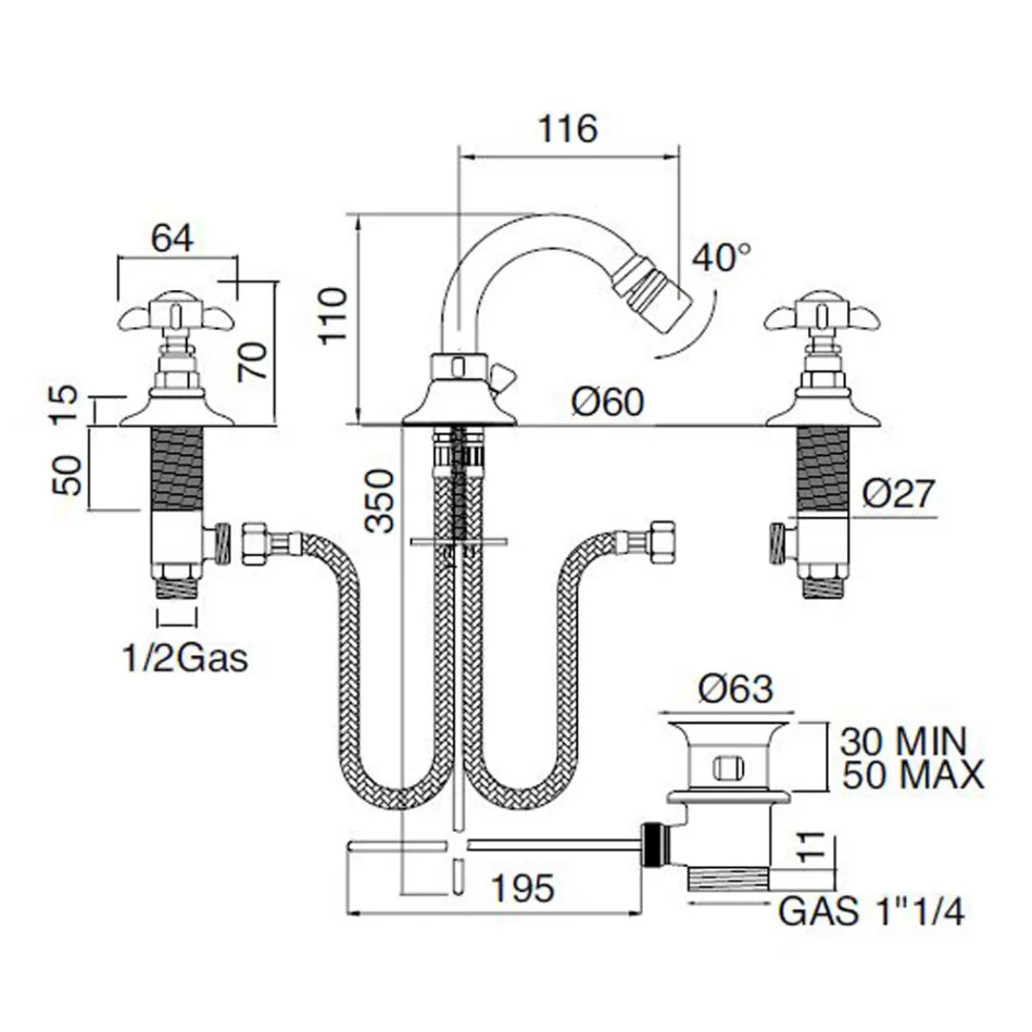 Classic 3 Hole Bidet Mixer in Brass and Butterfly Handles - Miriano Viadurini