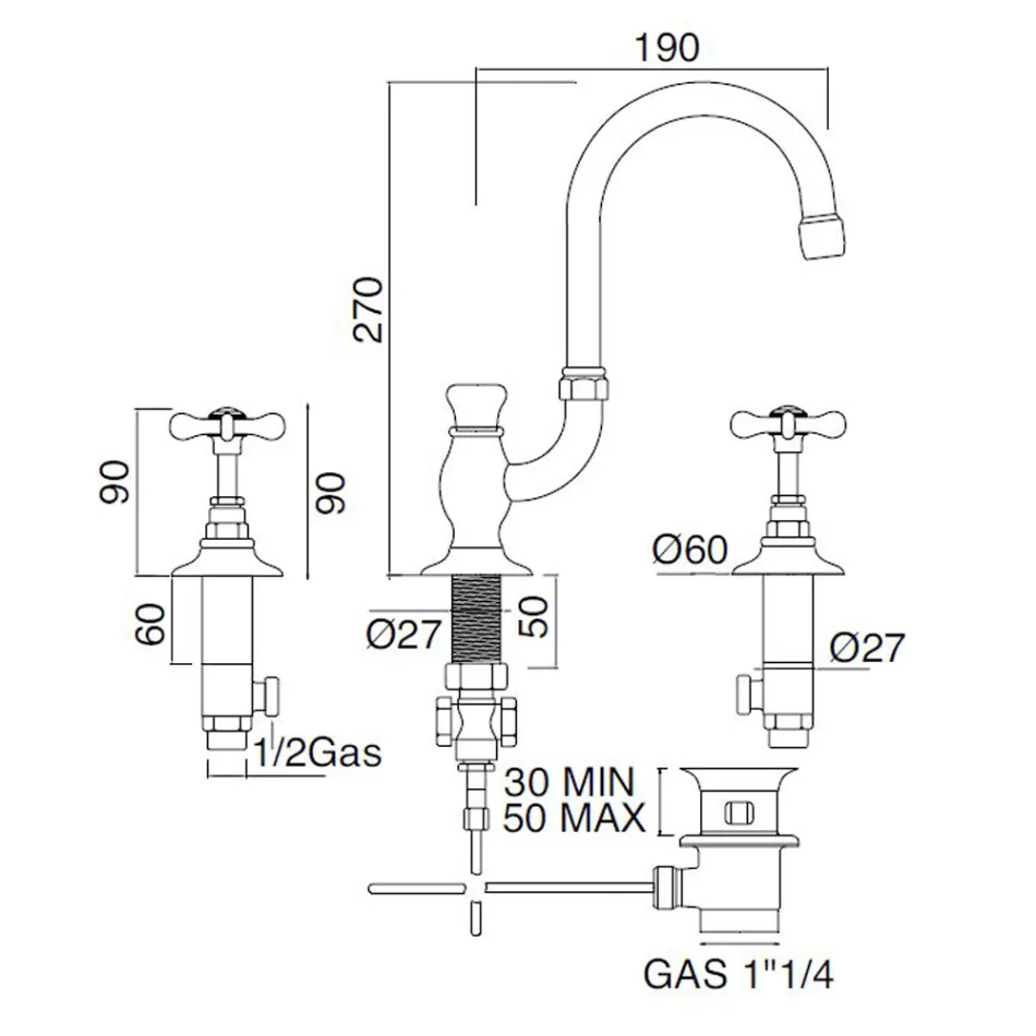 3-hole basin mixer with high spout in classic handmade brass - Fioretta Viadurini