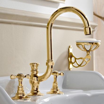3-hole basin mixer with high spout in classic handmade brass - Fioretta Viadurini