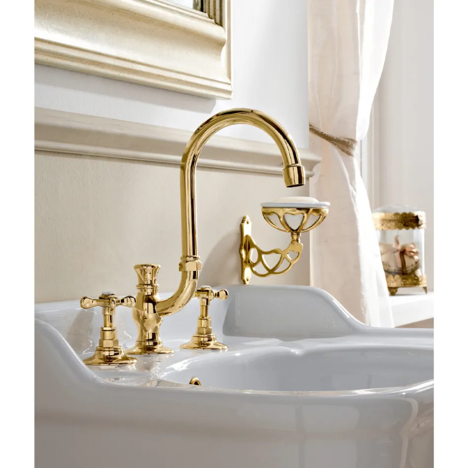 3-hole basin mixer with high spout in classic handmade brass - Fioretta Viadurini