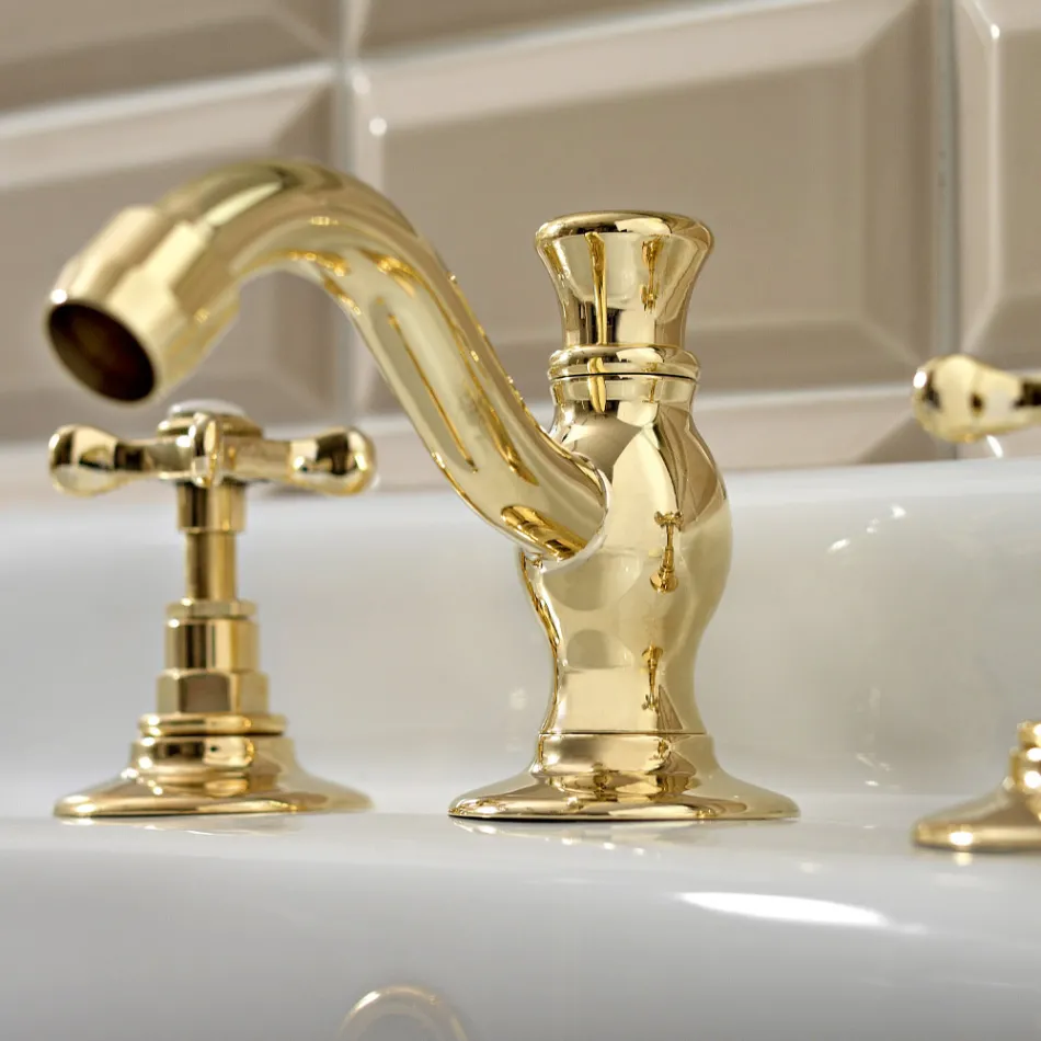 3 Hole Basin Mixer with Classic Handmade Brass Drain - Fioretta Viadurini