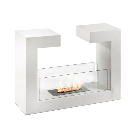 Floor Bio Fireplace in White Painted Metal and Tempered Glass - Pelide Viadurini
