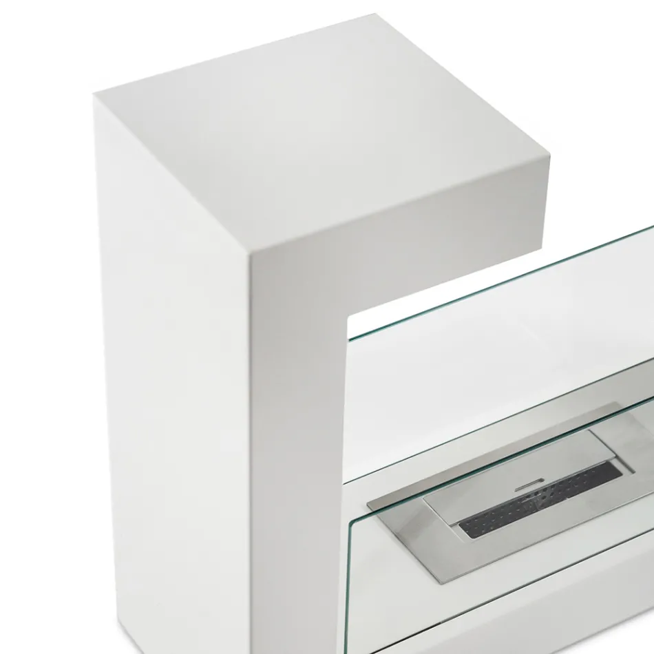 Floor Bio Fireplace in White Painted Metal and Tempered Glass - Pelide Viadurini