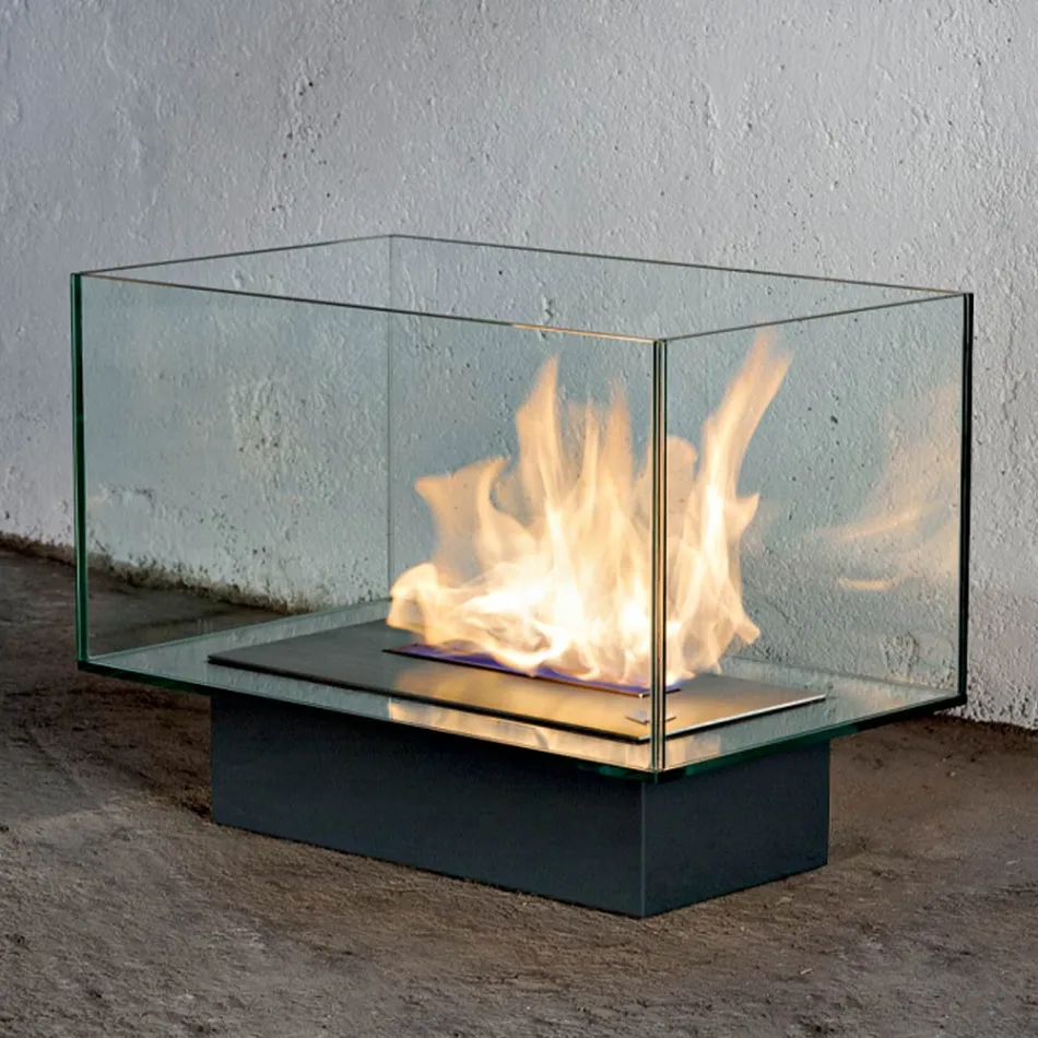 Modern Design Floor Bio-fireplace in Glass and Steel or Corten - Bradley Viadurini