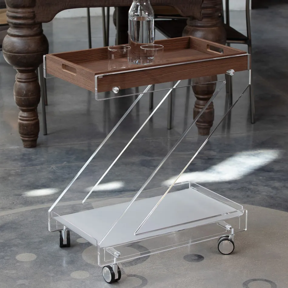 Trolley 2 Shelves in Transparent Acrylic Crystal with Tray - Zazza Viadurini