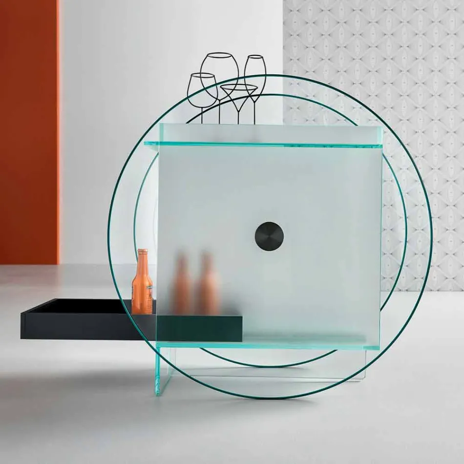 Bar Trolley in Extra-clear Glass with Wheels and Extractable Tray - Pigolo Viadurini