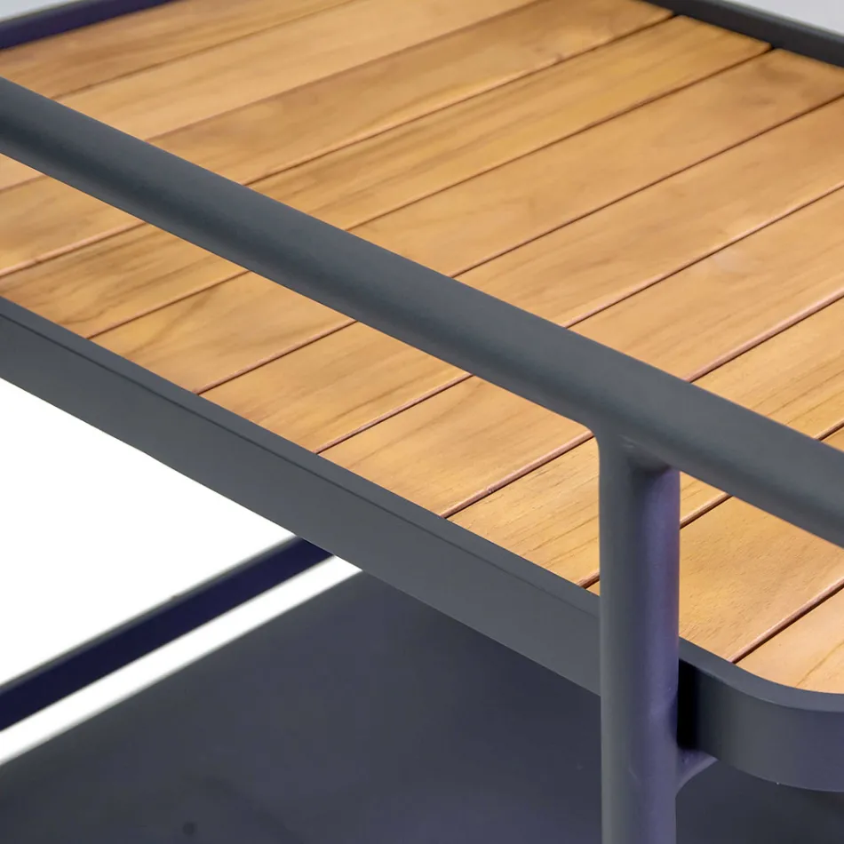 Aluminium Trolley in Different Finishes with Wheels and Teak Details - Tent Viadurini