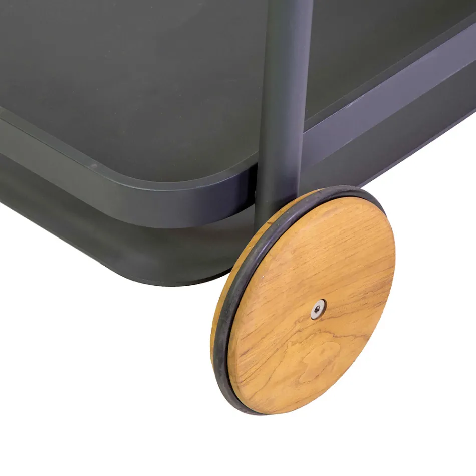 Aluminium Trolley in Different Finishes with Wheels and Teak Details - Tent Viadurini