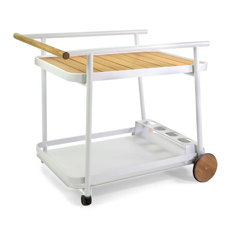 Aluminium Trolley in Different Finishes with Wheels and Teak Details - Tent Viadurini
