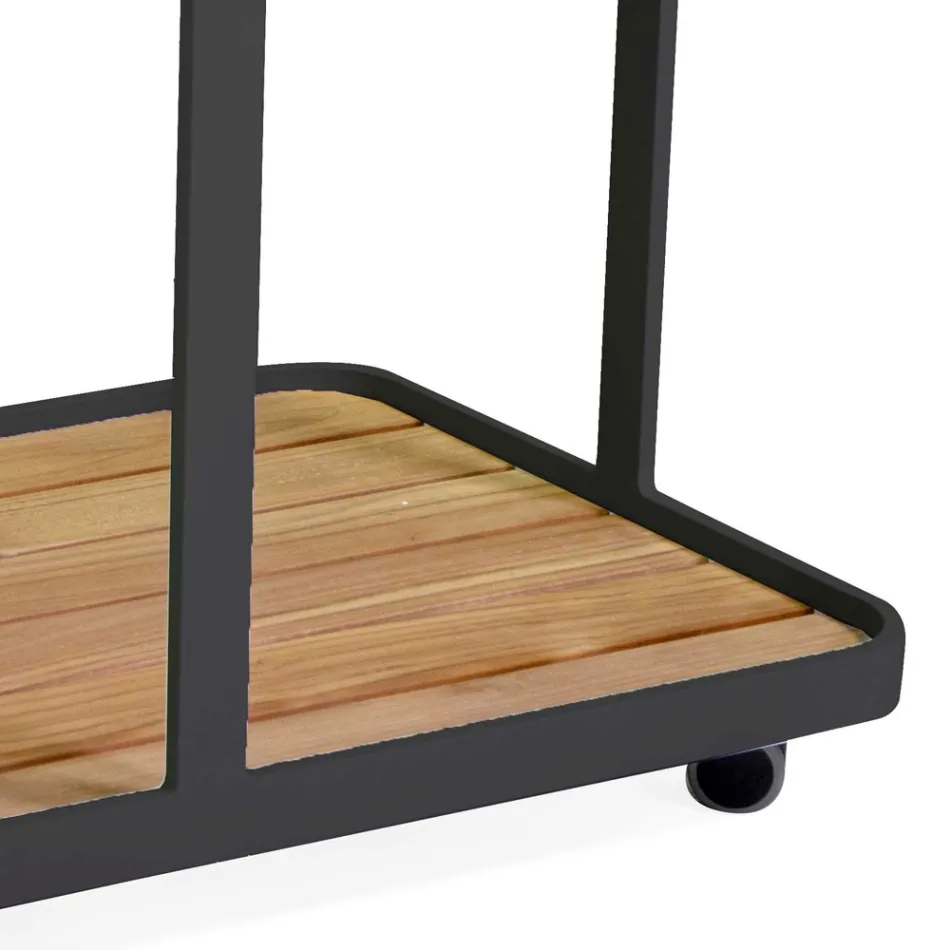 Aluminium Trolley in Different Finishes with Wheels and Teak Top - Tent Viadurini