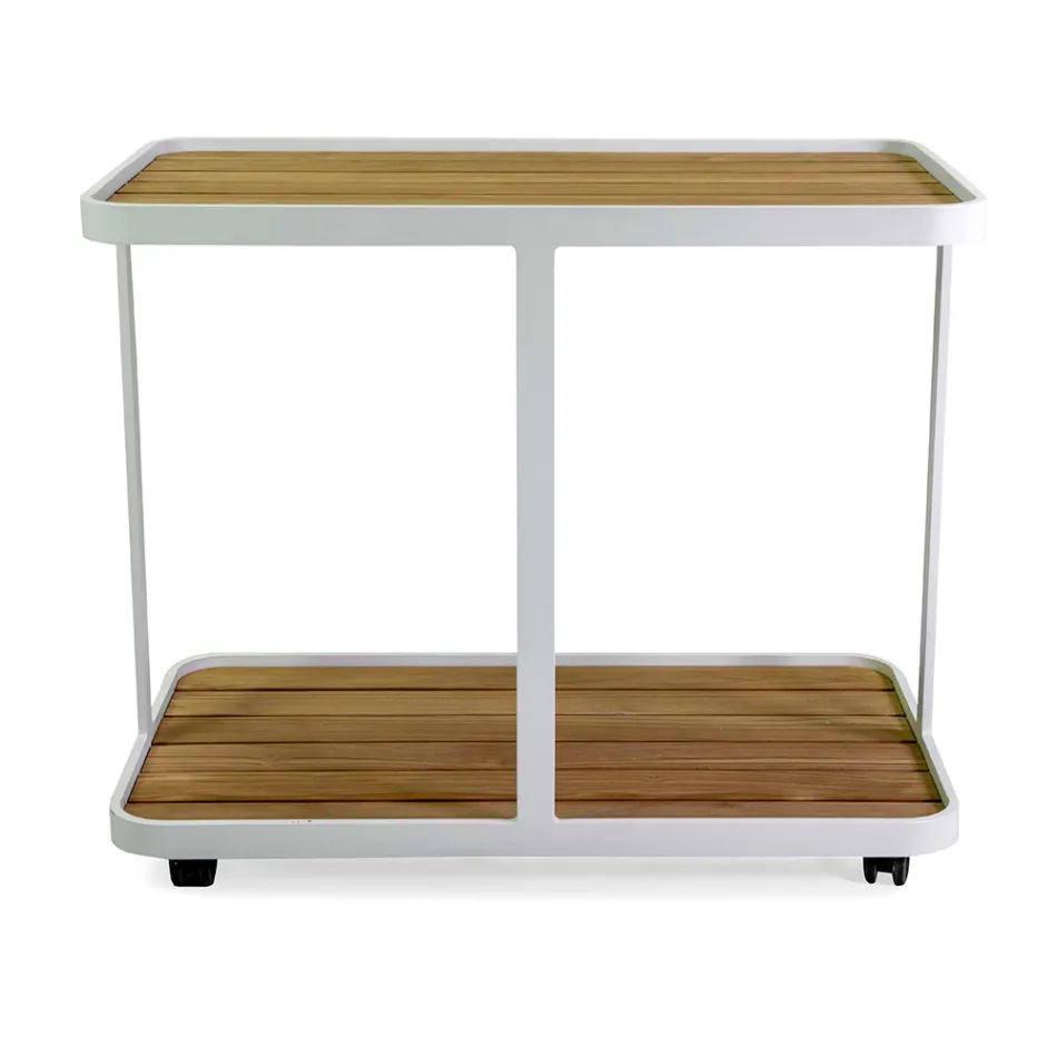 Aluminium Trolley in Different Finishes with Wheels and Teak Top - Tent Viadurini