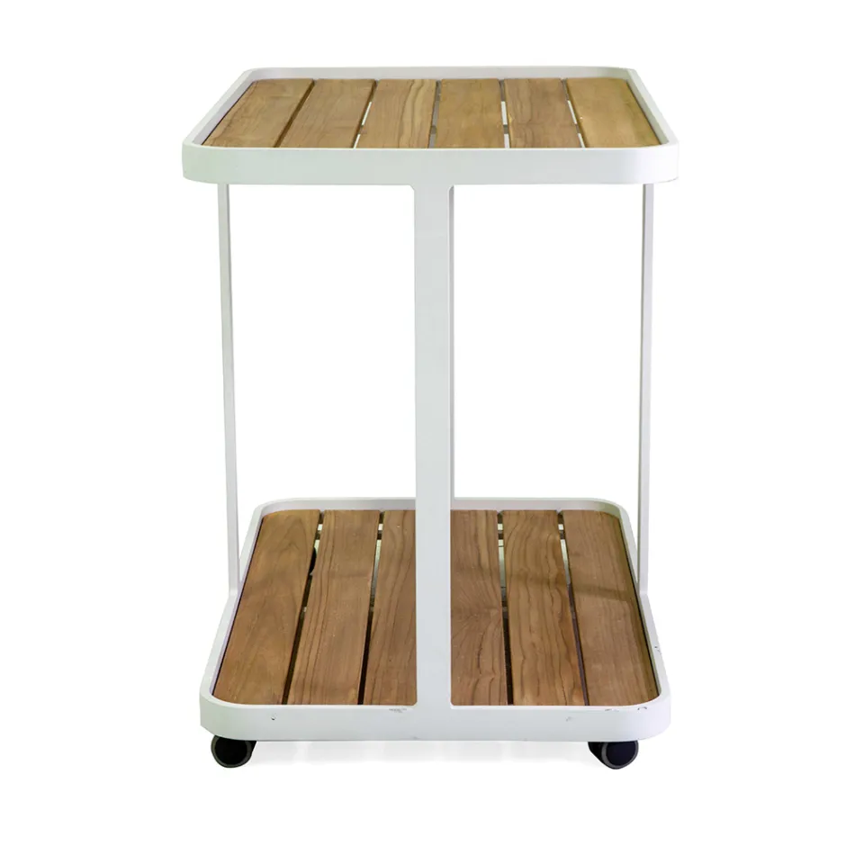 Aluminium Trolley in Different Finishes with Wheels and Teak Top - Tent Viadurini