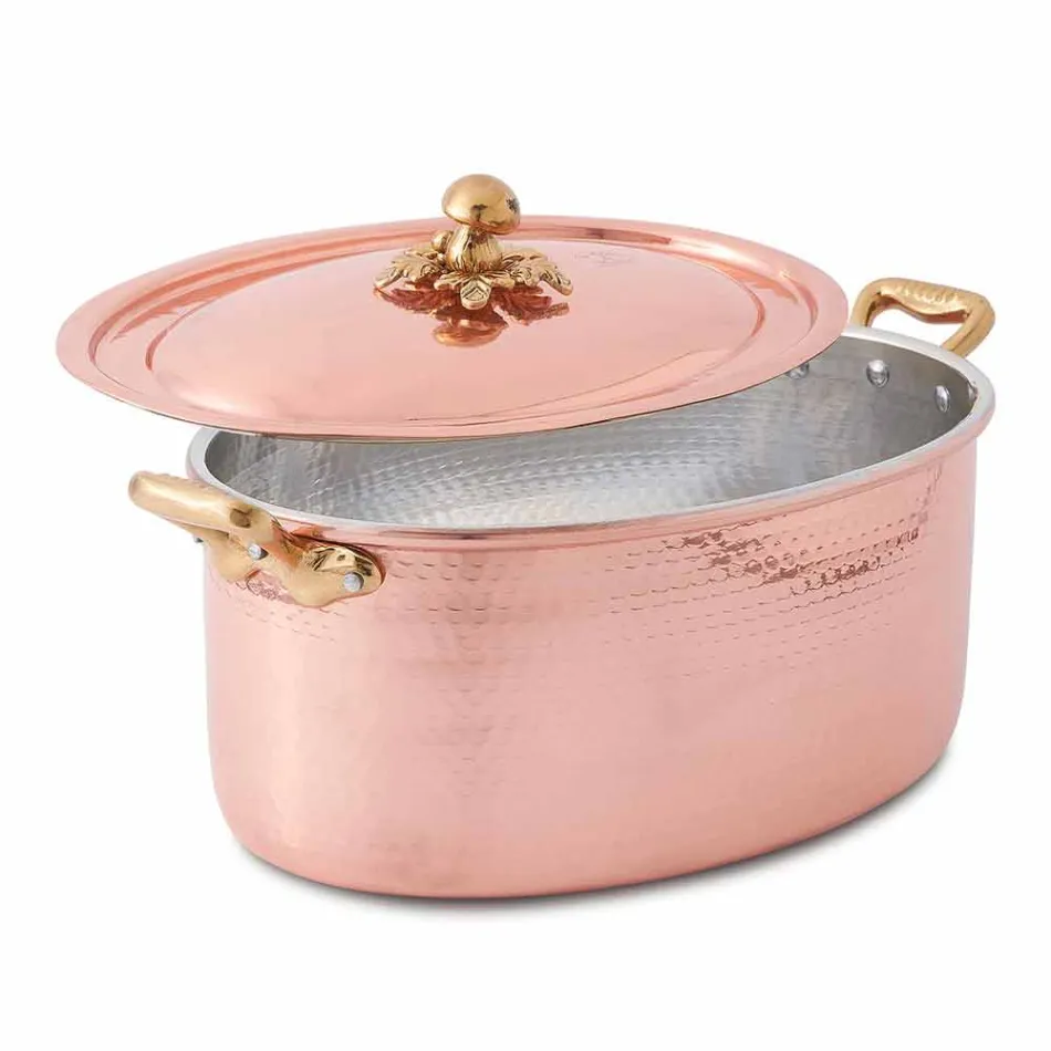 Oval Hand Tinned Copper Oval Casserole with Lid 31x22 cm - Mariag Viadurini