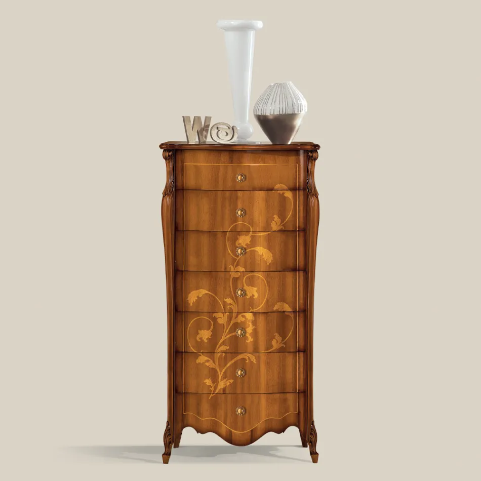 Chest of 7 Drawers in Inlaid Walnut Wood Made in Italy - Commodus Viadurini