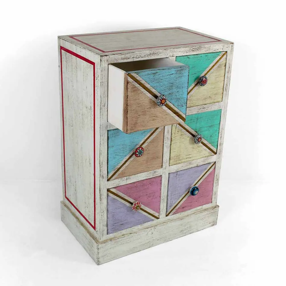 Handcrafted Wooden Chest of Drawers with Colored Drawers Made in Italy - Brighella Viadurini