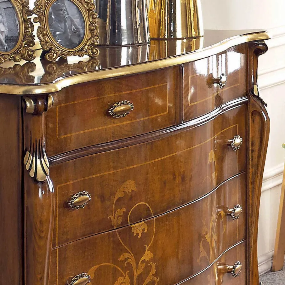 Bedroom Chest of Drawers in Inlaid Wood and Mirror Made in Italy - Cambrige Viadurini