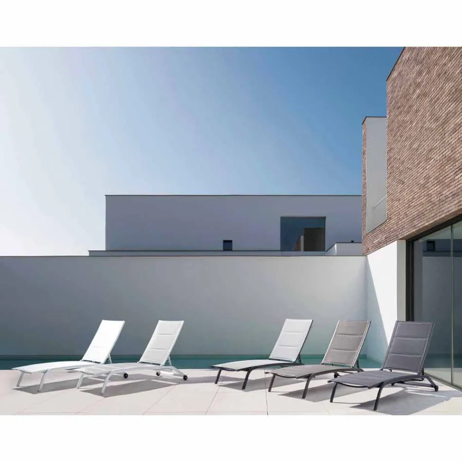 Outdoor Chaise Longue in Textilene and Aluminium with Wheels, 4 Pieces - Babilonia Viadurini
