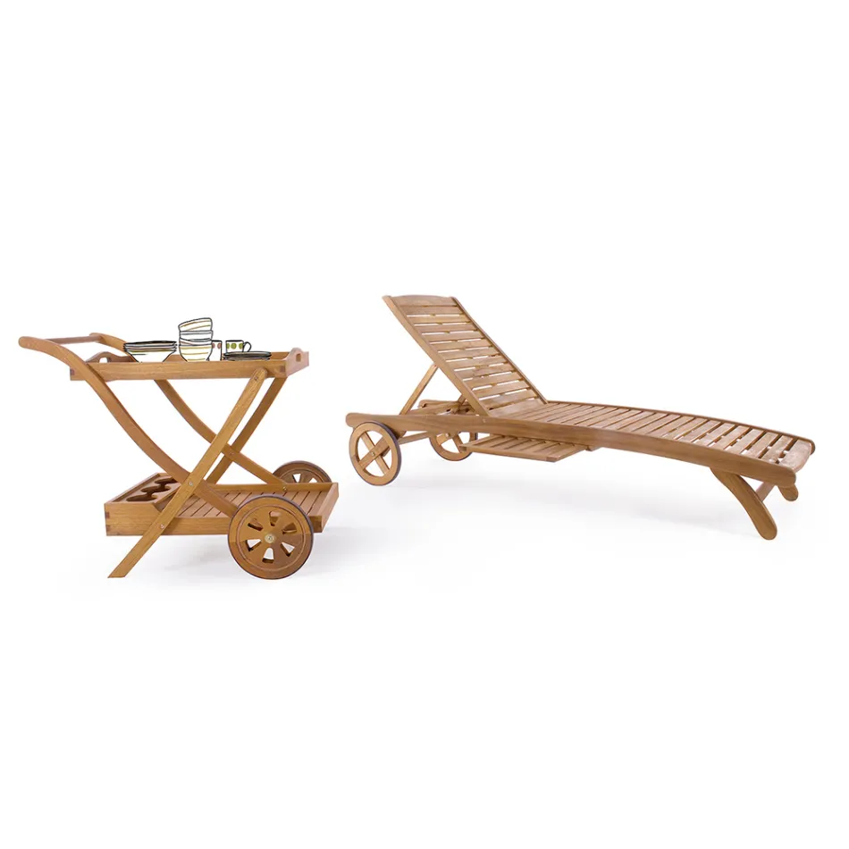 Wooden Garden Chaise Longue with Design Wheels for Outdoor - Roxen Viadurini