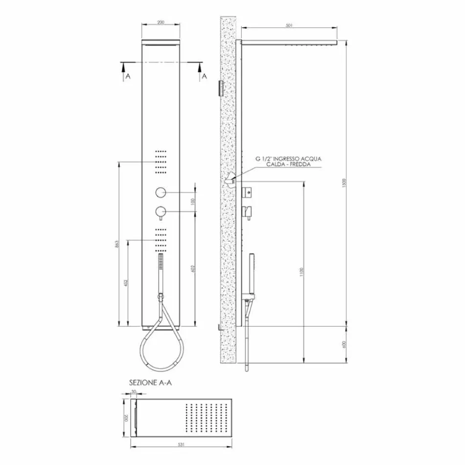 Steel Shower Column with Rain Showerhead Made in Italy - Sailor Viadurini