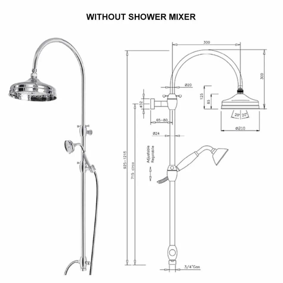 Brass Shower Column with Round Shower Head and Hand Shower Made in Italy - Brillo Viadurini