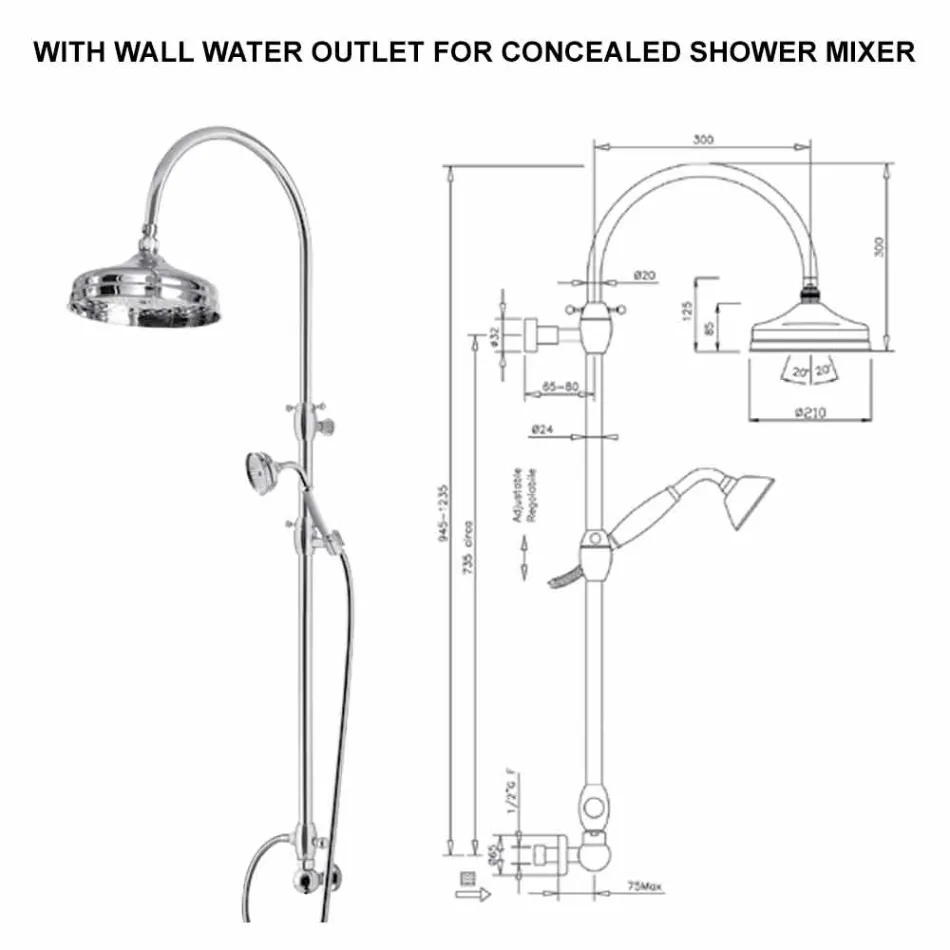 Brass Shower Column with Round Shower Head and Hand Shower Made in Italy - Brillo Viadurini