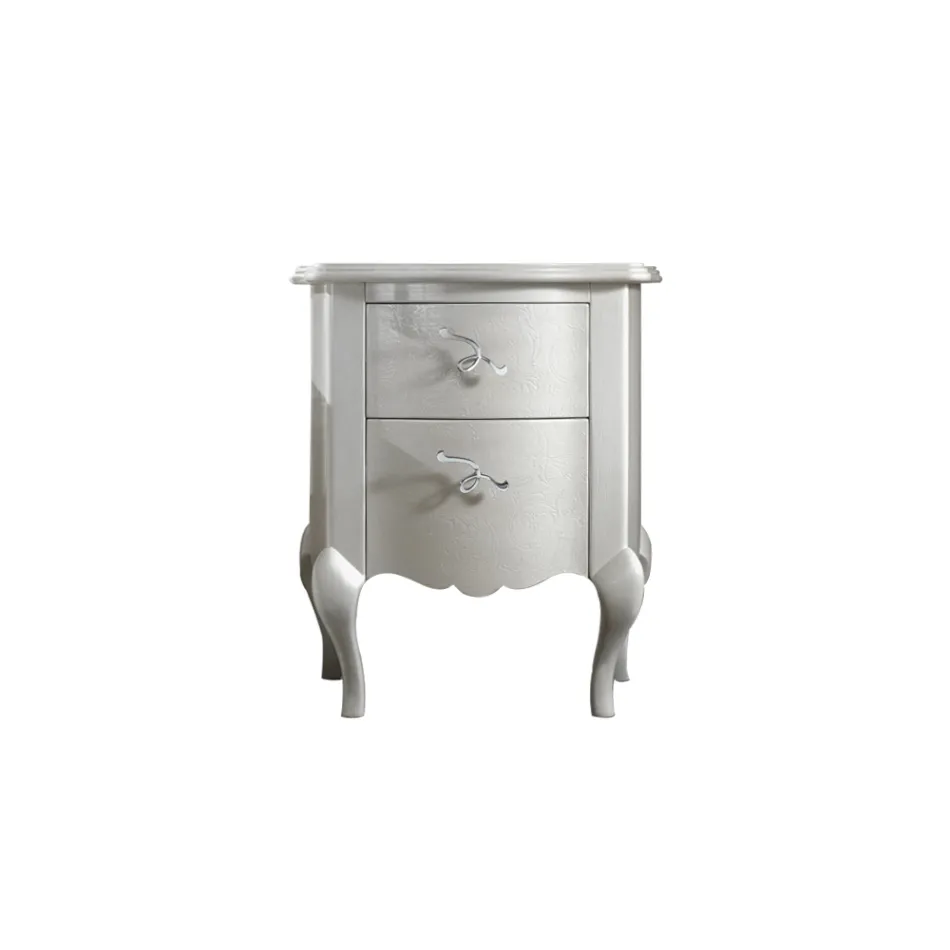 Pearl White Relief Bedside Table with Chromed Handles Made in Italy - Berlin Viadurini
