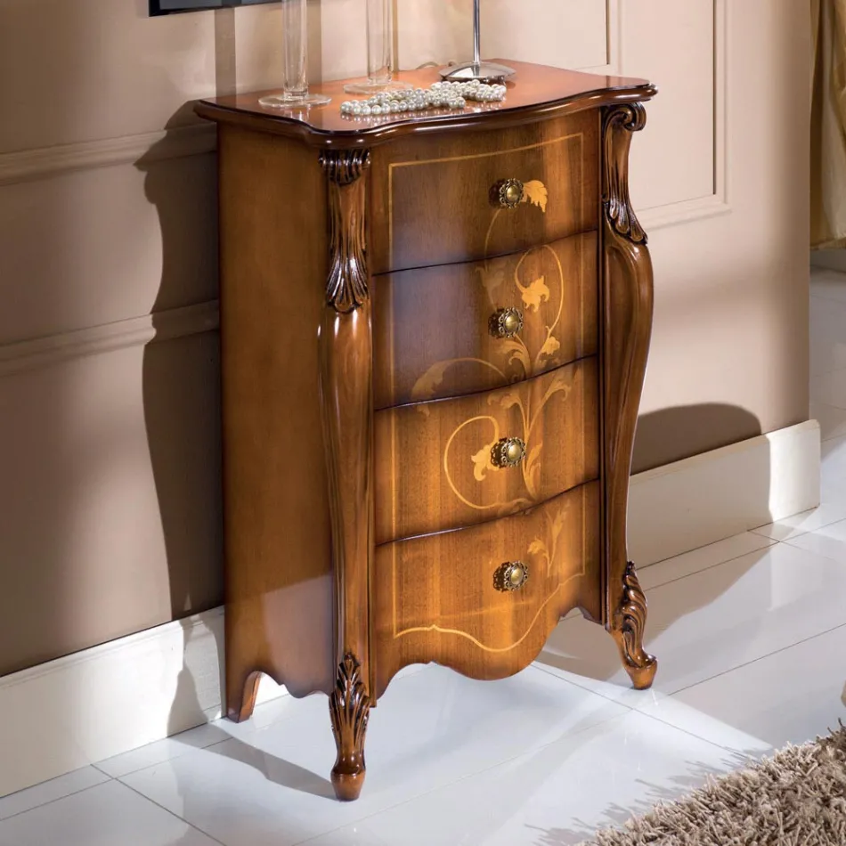 Classic Bedside Table in Inlaid Wood 4 Drawers Made in Italy - Ottaviano Viadurini