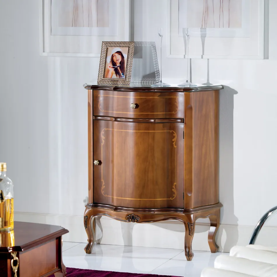 Classic Bedside Table Inlaid Wood Door and Drawer Made in Italy - Leonor Viadurini