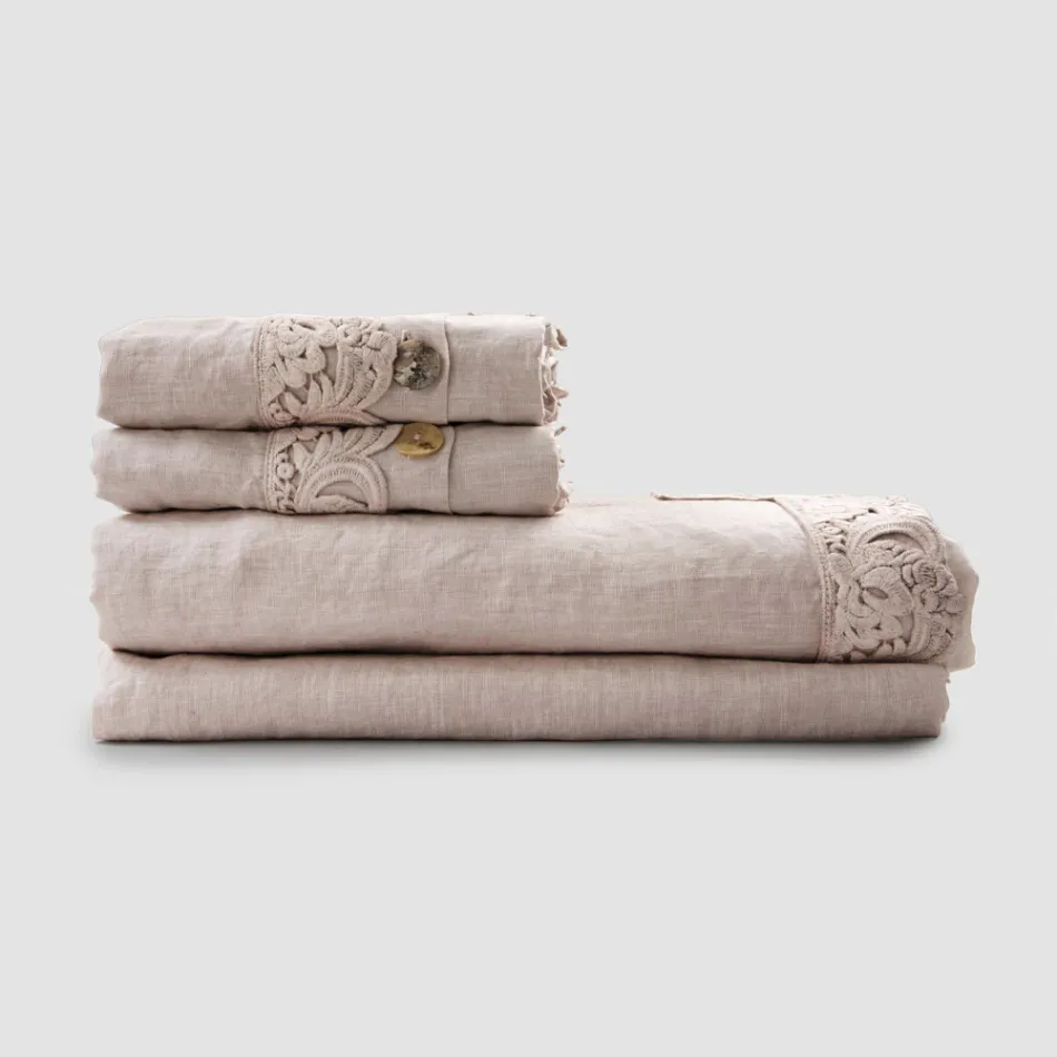 Double Sheet Set in Light Linen and Armonia Lace 2 Colours - Dettox Viadurini