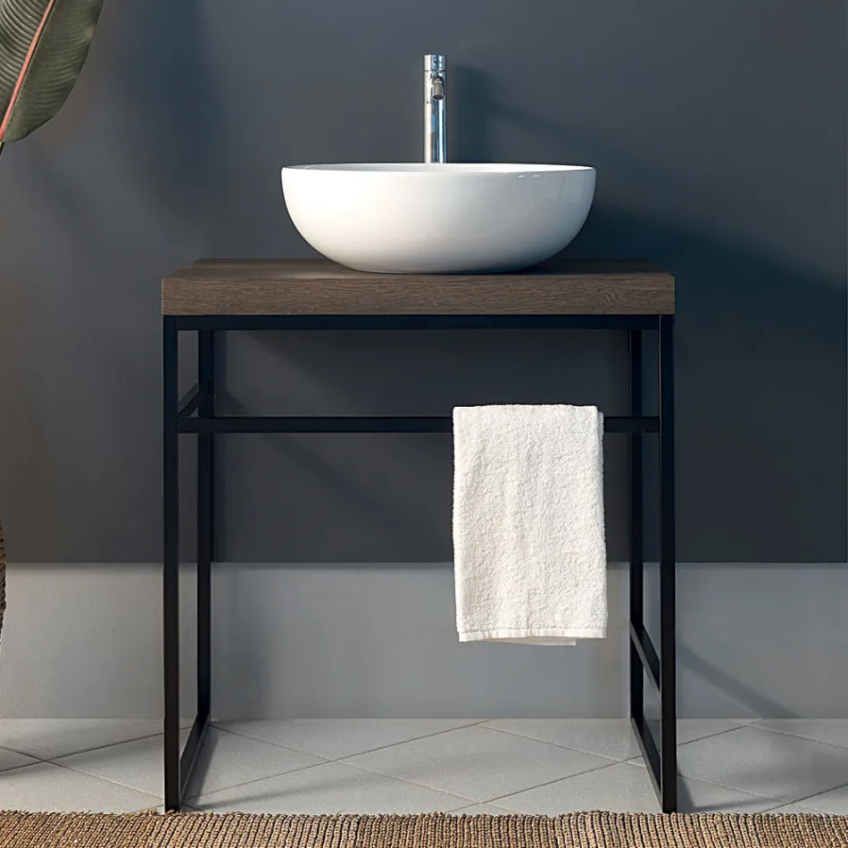 Composition 3 Bathroom Furniture in Metal, Wood and Ceramic Made in Italy - Cizco Viadurini