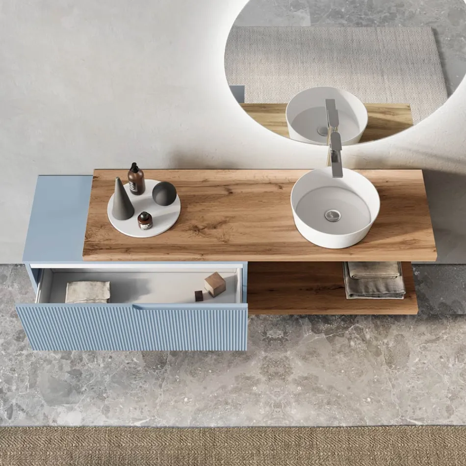 Tiffany Blue and Oak Bathroom Composition with Mirror Made in Italy - Ermes Viadurini