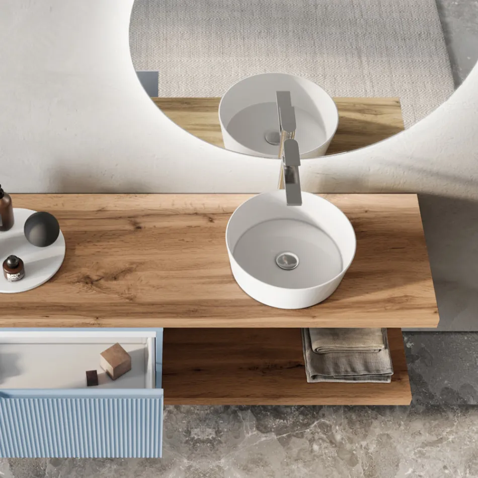 Tiffany Blue and Oak Bathroom Composition with Mirror Made in Italy - Ermes Viadurini