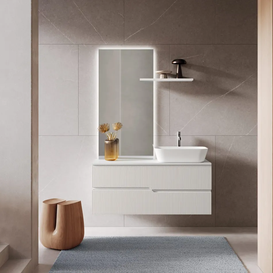 White Bathroom Composition with Mirror and Shelf Made in Italy - Ares Viadurini