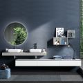 Concrete Colour and Matt White Bathroom Composition with Washbasin, Mirror and Base - Palom