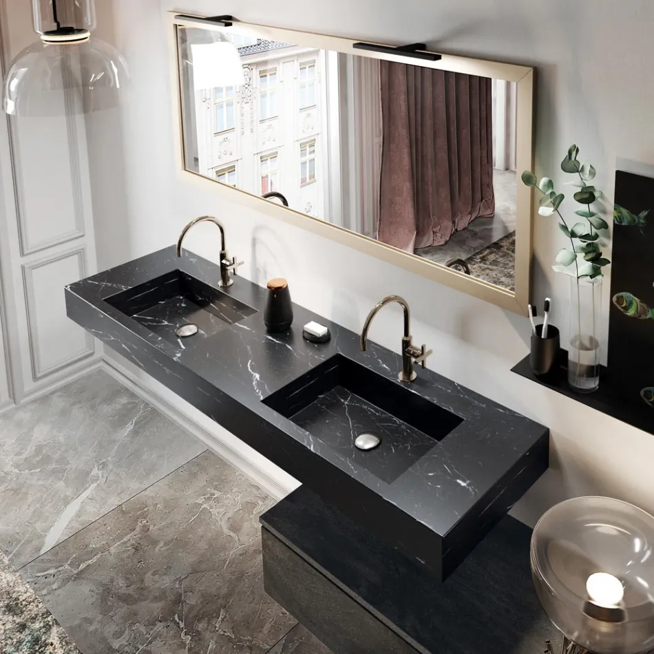 Bathroom Composition Complete with Mirror and Double Washbasin Made in Italy - Palom Viadurini