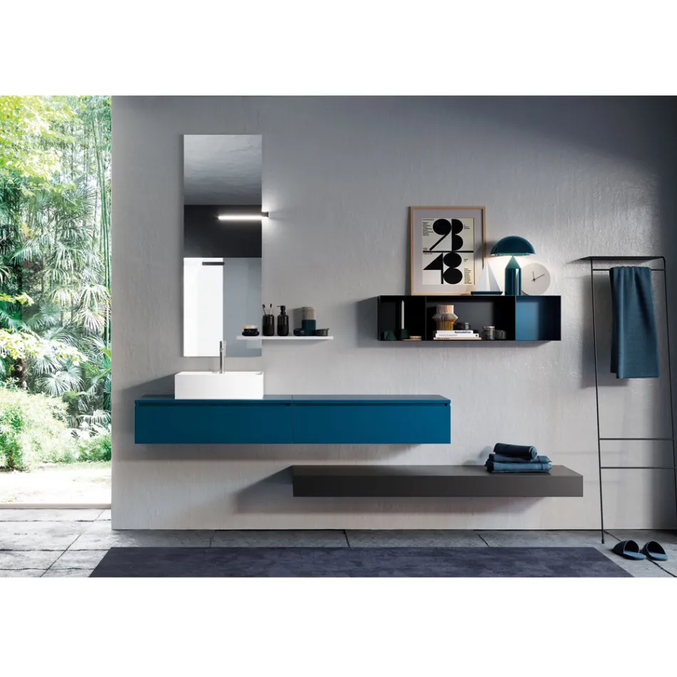 Bathroom Composition Complete with Mirror, Ceramic Washbasin Made in Italy - Palom Viadurini