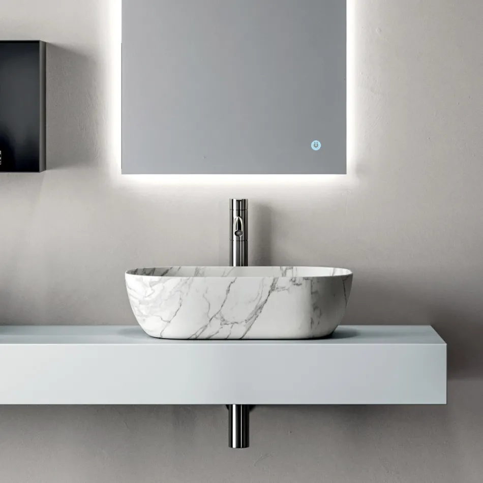 Bathroom Composition Consisting of a Shelf with Sink, Wall Cabinets, and Mirror - Velaria Viadurini