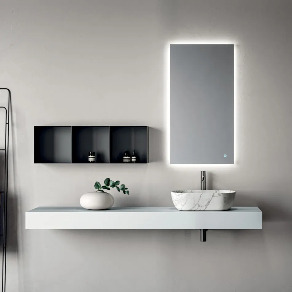 Bathroom Composition Consisting of a Shelf with Sink, Wall Cabinets, and Mirror - Velaria Viadurini